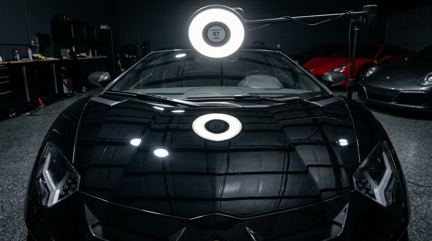 Flawless liquid mirror ceramic coating reflection with razor-sharp studio light depth after multi-stage paint correction