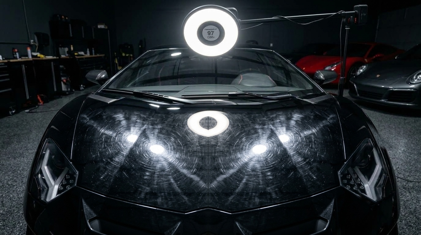 Exotic supercar paint surface with authentic spiderweb swirl marks, wash scratches, and oxidation before correction